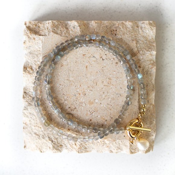 Labradorite Gemstone Necklace Gold Toggle Clasp Removable Pearl beaded gift her - Picture 11 of 11